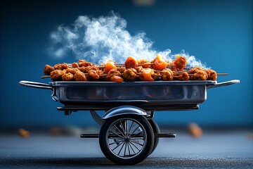 Poster - Simple minimalist abstract of a street vendor's cart, with soft lines representing the food and smoke rising from a grill