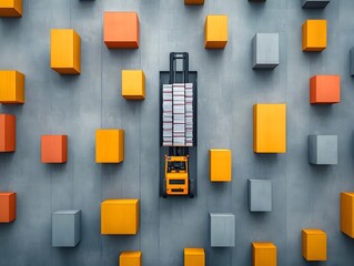 Poster - Towering forklift delicately transporting stacks of cargo through a vast neatly arranged warehouse