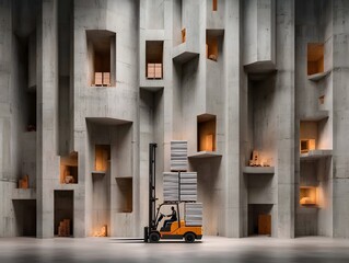 Poster - Towering forklift delicately transporting stacks of cargo through a vast neatly arranged warehouse emphasizing the precision of material logistics in a minimalist brutalist architectural setting