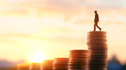 Poster - A man is walking on top of a stack of coins