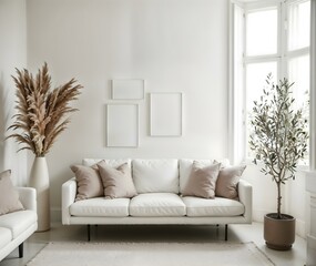 cozy modern bright living room interior with three empty vertical frames on white wall, minimalist white sofa with beige pillows soft ambient lighting sleek decor accents Sunlight from window, mockup 