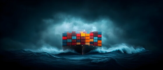 Poster - Colossal freighter carrying stacks of towering shipping containers gliding across the vast rolling waves of the open ocean embodying the scale power