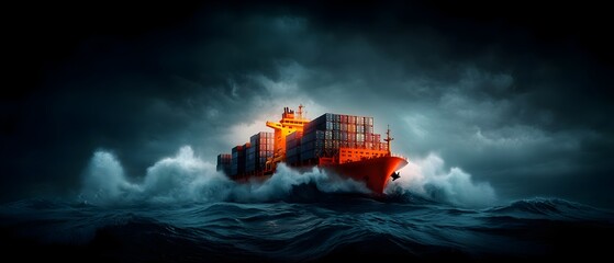 Poster - A massive towering freighter laden with row upon row of massive shipping containers traverses the vast rolling waves of the open ocean