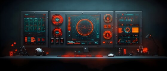 Poster - Visually stunning futuristic control room with complex HUD overlays displaying real time data analytics state of the art GUI control panels with vibrant holographic interfaces