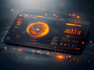 Poster - Futuristic game background featuring a large holographic data visualization interface with intricate UI elements and infographics showcasing a gleaming metallic and glass aesthetic