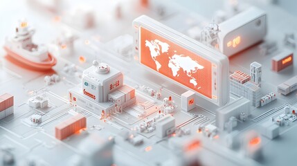 Poster - Futuristic global distribution network with an interconnected logistics hub featuring AI powered controls world map projection displaying export import data flows