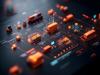 Poster - Futuristic global command center with interconnected supply routes container ship logistics data driven decision making AI powered analytics dynamic 3D projections holographic data visualizations