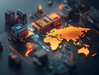 Poster - Cinematic Digital Art Concept of a Futuristic AI Driven Global Supply Chain System Visualized with a Dynamic Holographic World Map Tracking Real Time Movements of Goods and Materials from Remote