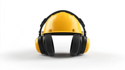 Construction safety helmet with earmuffs isolated on a white background for industrial and safety-related content. Generative AI