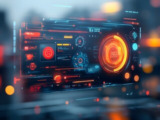 Poster - Seamless of advanced futuristic HUD and GUI components into a breathtaking neon drenched cityscape conveying an immersive and innovative digital experience