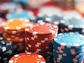 A pile of poker chips in various colors