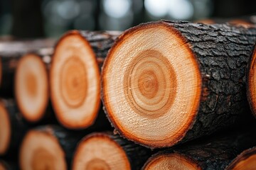 Poster - Close-up of a Stack of Tree Trunk Cross-Sections