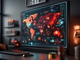 Poster - Futuristic AI powered logistics command center with a towering holographic projection of the world highlighting intricate global trade networks container ship movements