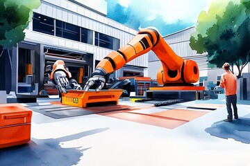 Poster - Watercolor scene of a futuristic factory where robots and humans collaborate, with soft washes of color highlighting the technological advancements in tomorrowâ€™s workforce