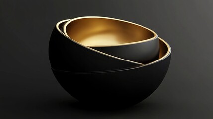 Minimal abstract 3D design with a black and gold color scheme. A golden sphere is contained within a black hemisphere, resembling a stack of bowls. The simple