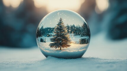 Wall Mural - christmas glass ball with tree in it on winter background.