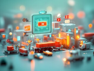 Poster - Futuristic AI powered international logistics hub featuring autonomous cargo transport vehicles holographic interfaces displaying global trade routes