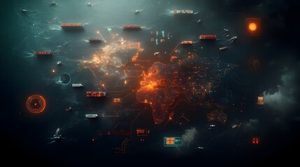 Poster - Futuristic Global Logistics Network Complex Map of Interconnected Supply Chains Container Ships and Cargo Vessels Navigating Vast Oceans Dynamic Flow of Goods and Resources