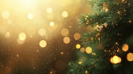 Wall Mural - christmas tree background with gold blurred light