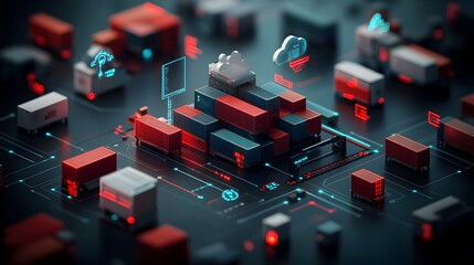 Poster - Futuristic global supply chain network showcasing interconnected distribution centers cloud connected data visualization AI powered tracking and analytics muted industrial tones