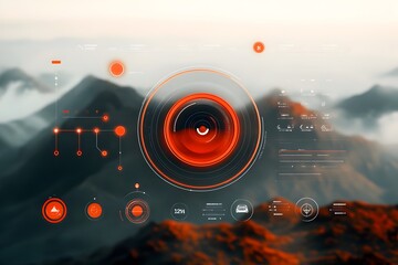 Poster - Futuristic and minimalist HUD and GUI design elements embedded within a stunning atmospheric sci fi landscape showcasing the elegance and innovation of modern digital technology