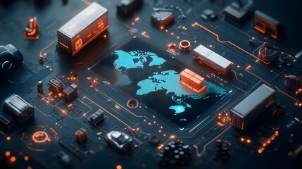 Poster - Futuristic technology optimizing international delivery and export import a global network of transportation hubs and logistics centers data visualization on a holographic world map interface