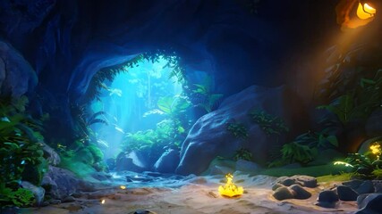 Poster - Enchanting Jungle Cave Illuminated by Warm Light with Lush Greenery and Mysterious Atmosphere