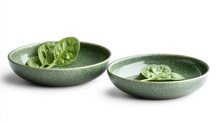 Two green ceramic plates with spinach leaves isolated on a white background. Minimalistic food presentation top view of fresh greens in modern tableware.. Generative AI