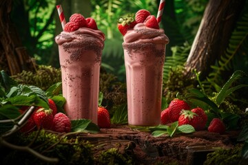 Two glasses of strawberry smoothies with fresh berries on top, placed on a mossy forest floor.