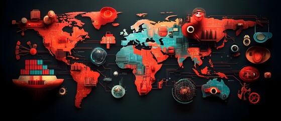 Poster - Sleek Global Logistics Optimization Map Visualizing Complex Supply Chain Networks and Cargo Ship Routes for Efficient Import Export in a Data Driven Digital Painting Style with Bold
