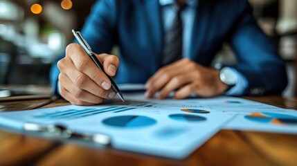 Poster - A business professional in a suit is focused on analyzing financial charts and graphs, jotting down notes with a pen at a wooden desk in a contemporary office environment