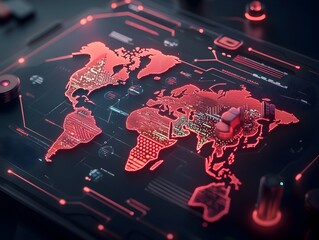 Poster - Futuristic holographic 3D map projection showcasing a global network of AI driven transportation and logistics systems