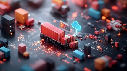 Poster - Futuristic global supply chain network with vast interconnected distribution centers cloud connected data visualization AI powered tracking and analytics