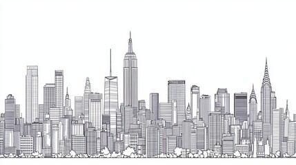 A seamless pattern featuring an outline of the New York City skyline, showcasing modern buildings and iconic landmarks. The vector illustration displays the cityscape in a clean, continuous design