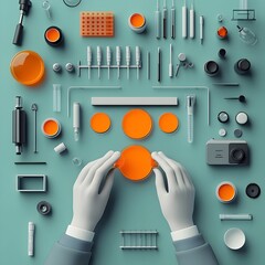 Poster - Meticulous Researcher Transferring Luminous Orange Solution into Series of Petri Dishes with Assortment of Scientific Tools and Equipment on Organized Workspace Stylized Technical with Visual Fidelity