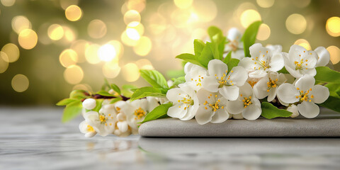 A bouquet of white flowers sits on a table