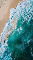 Canvas Print - Aerial View of Turquoise Ocean Waves Crashing on Sandy Beach