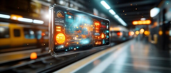 Poster - Holographic subway map projection hovering above a futuristic station platform displaying real time transit data and route information with a detailed high tech aesthetic