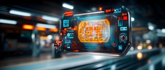 Poster - holographic subway map projection hovers above a futuristic station platform displaying real time tr