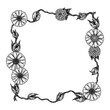 © Reytr - Black and White Outline Line Art Drawing Floral Frame with Zinnia Flowers, Vintage Style, Hand Drawn, Engraved, Sketch, Illustration,  Vector Graphic Design