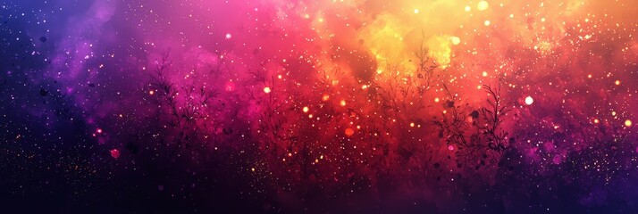 Leinwandbilder - The artwork presents a mesmerizing cosmic background filled with a rich blend of pink, purple, and gold colors, enhanced by twinkling stars and a nebula-like effect