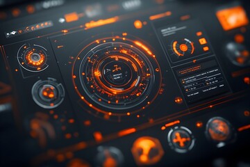 Poster - Captivating Futuristic Interface with Holographic HUD and Intuitive GUI Seamlessly Integrated into a Stunning Sci Fi Game Landscape Crisp and with Retro Futuristic and Dramatic Chiaroscuro Lighting