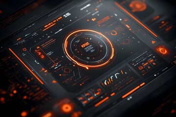 Poster - Futuristic Interface with Holographic HUD and Intuitive GUI Seamlessly Integrated into a Stunning Sci Fi Game Landscape Crisp and with Retro Futuristic and Dramatic Chiaroscuro Lighting