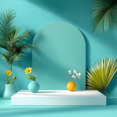 Poster - Sleek and modern 3D studio interior with a bold blue backdrop minimalist podium and surface dynamic lighting casting dramatic shadows