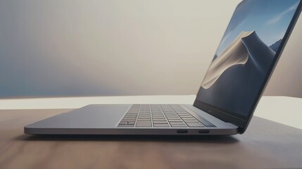 Sleek silver laptop on minimalist wooden desk, open and ready for use, with clean, uncluttered background. Neutral screen image emphasizes device's availability for immediate productivity.<｜end▁of▁sen