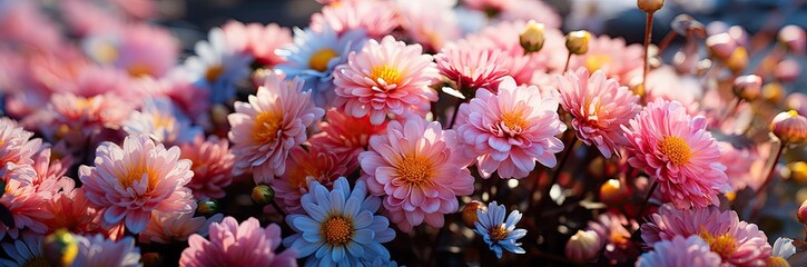 Poster - A flourishing garden showcases an array of pink and blue flowers, basking in sunlight and attracting various pollinators in the joyful atmosphere of spring