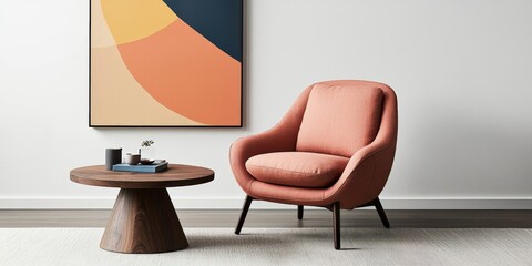 A contemporary living room with a plush armchair in soft pink, a geometric coffee table, and abstract wall art, adding a pop of color and modern flair