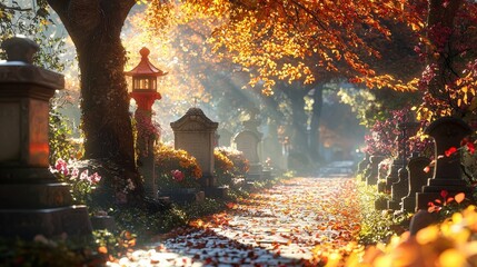 Poster - The pathway winds through a serene cemetery, lined with gravestones and colorful flowers, as autumn leaves fall under the warm mid-afternoon sunlight