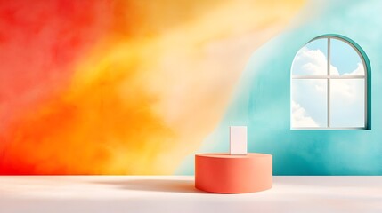 Poster - Minimalist and modern 3D product photography studio setting with a vibrant kaleidoscopic background open floor and wall design graduated shadow overlay from window to tabletop