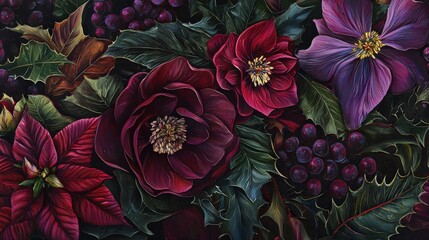 Sticker - winter flowers, including poinsettias and hellebores, surrounded by lush green leaves and clusters of deep purple grapes, emphasizing seasonal beauty